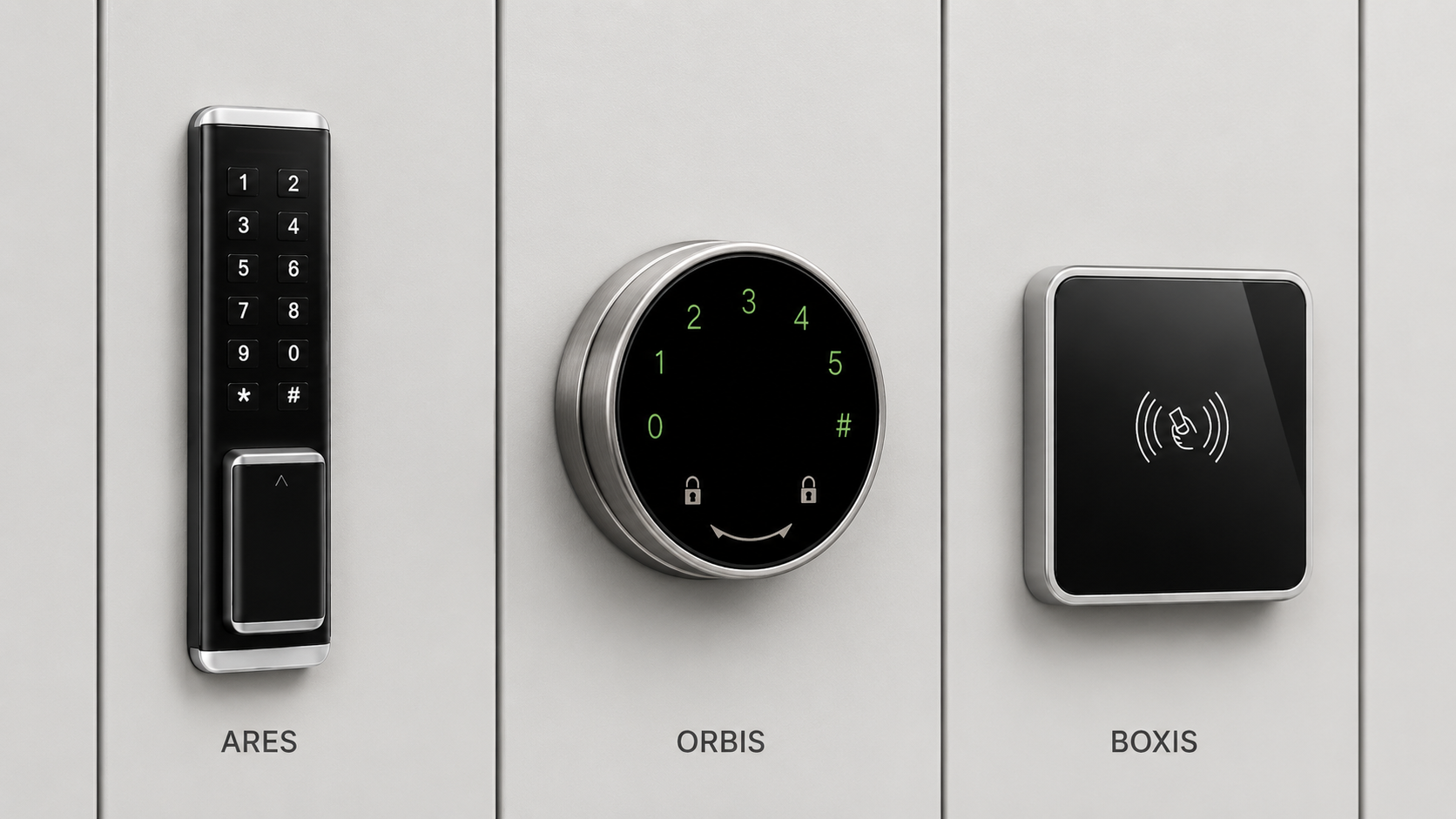 Modelos de cerraduras inteligentes para taquillas: ARES, ORBIS y BOXIS.