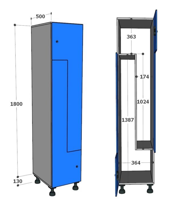 Taquilla 2 puertas en L – Módulo 1 (Melamina-Fenólico)