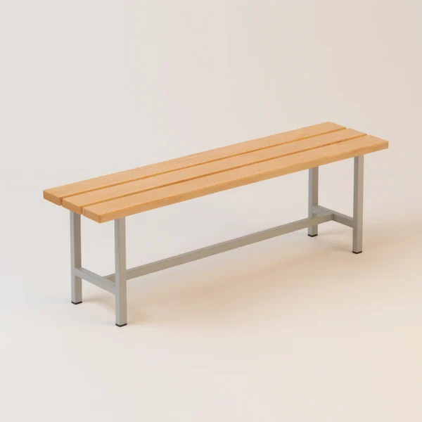 Banco de vestuario de pino Zentry, modelo sencillo de 1500 mm con listones de pino barniza Banco de vestuario de pino Zentry, modelo sencillo de 1500 mm con listones de pino barnizado y estructura gris RAL 7035