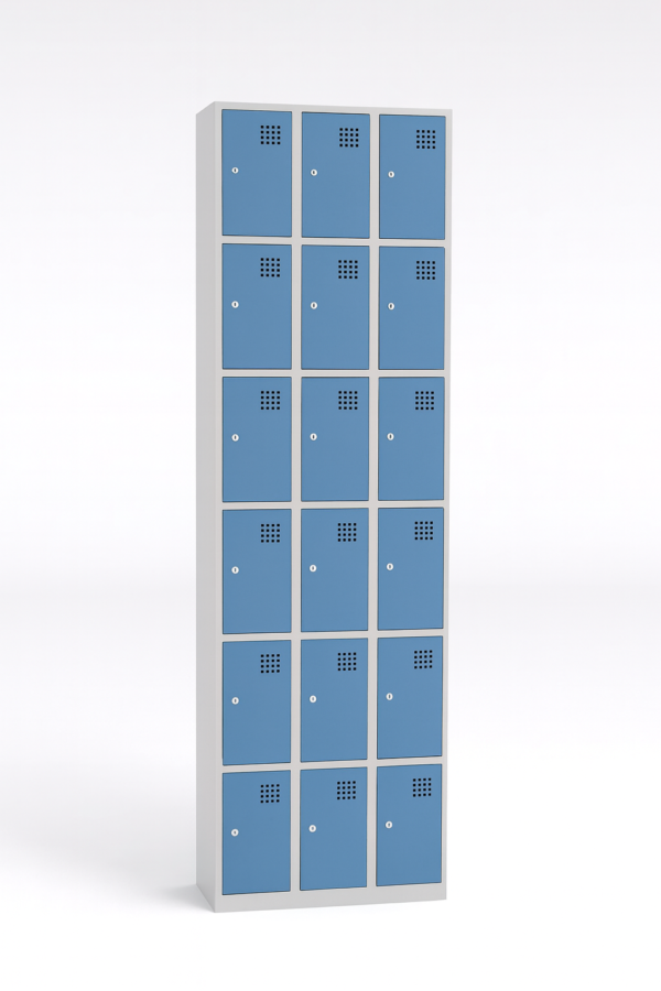 Taquilla metálica de 6 puertas, módulo 3, tres columnas, puertas azules